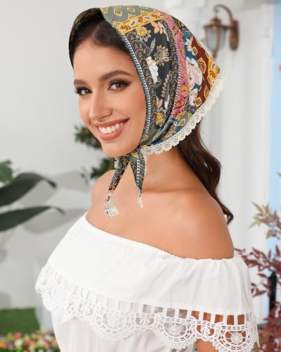 AWAYTR 3Pcs Hair Bandanas Head Kerchief for Women Girls Tie-Back Boho Hair Scarf Headband Bandana Triangle Head Scarf - color: Brown / Green / Pink