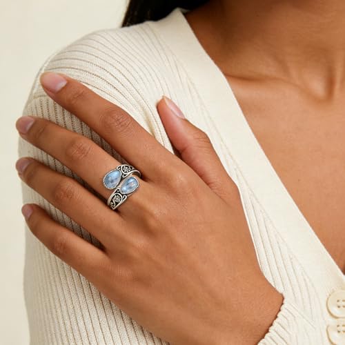 Adjustable Thumb Rings for Women Vintage Moonstone Obsidian Turquoise, Spoon Style Adjustable Ring Gift for Her, Sister, Mom – Natural Gemstone Jewelry - style: Moonstone Flower Ring