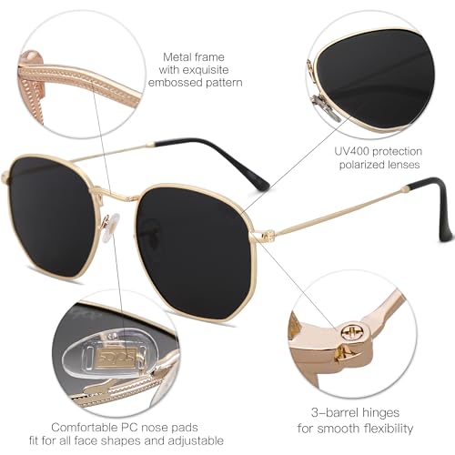 SOJOS Square Polarized Sunglasses for Women Men Small Hexagonal Polygon Shades SJ1072 - color: Black