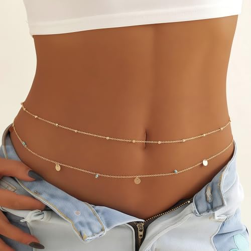 14K Gold Plated Waist Chain for Women, 2Pcs Adjustable Pearl Beads Body Chain, Sexy Layered Summer Beach Bikini Belly Jewelry Accessories - style: Bead&Turquoise&Disc