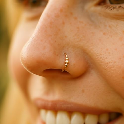 925 Sterling Silver & 14K Gold Filled Nose Ring Hoop Handmade Piercing Jewelry For Women - 24 Gauge 2mm,7mm Tiny Nose Ring with Opal - Gift Ready - color: Gold Beads Gold