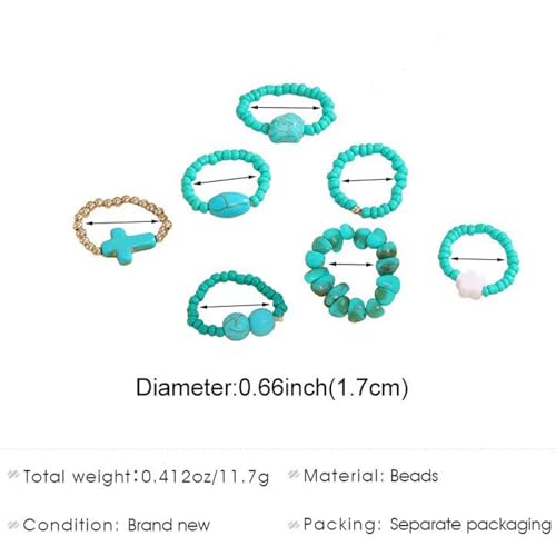 7Pcs Bohemian Turquoise Rings for Women Exaggerate Western Knuckle Ring Sets Stackable Beads Elasticity Finger Rings Set Simple Beaded Finger Jewelry Gifts