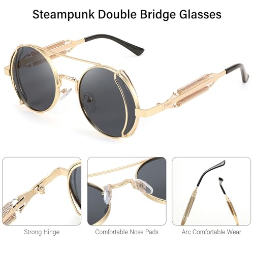 FEISEDY Aviator Sunglasses for Men Women, Retro Steampunk Gothic Round Metal Frame Hippie Glasses B2351 - color: Gold Frame With Gray Lenses and Gold Temples