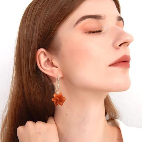 Boho Flower Dangle Earrings for Women Long Drop Resin Acrylic Tiered Petal Statement Earrings Handmade Lightweight Vintage Floral Chunky Drop Jewelry - color: Brown