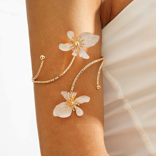 Flower Arm Cuff Bracelets for Women Adjustable Gold Upper ArmBand Jewelry Boho Floral Open Wrap Statement Bangle Bracelet Arm Cuff Jewelry Gifts for Women - color: White