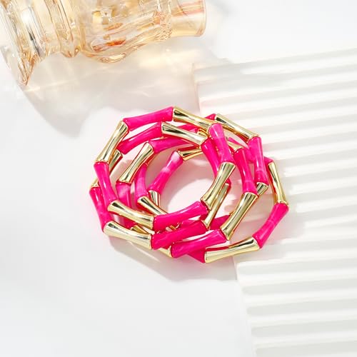 Gold Tube Bangle Bracelets for Women Stackable Bamboo Chunky Acrylic Beads Stretch Friendship Summer Beach Bracelet Jewelry - color: Red