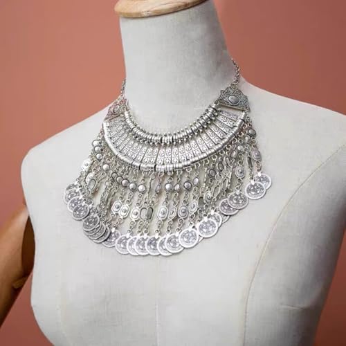 Vintage Tassel Coin Collar Bib Statement Necklace for Women Men Ancient Gold Silver Retro Engraved Exaggerated Short Chunky Boho Choker Ethnic Gypsy Tribal Clavicle Chain Pendant Costume Party Jewelry - color: Ancient Silver