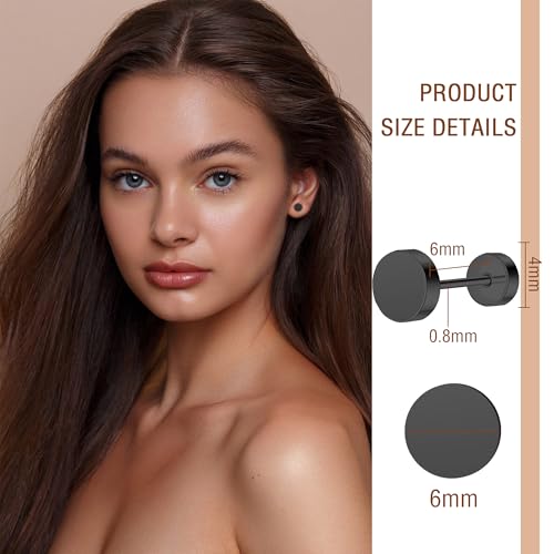 ZDE Women Earrings Flat Back Dot Earrings Titanium Hypoallergenic Cartilage Non-Nickel Earrings Studs for Sensitive Ears Simple Classic 3mm/4mm/5mm/6mm Screw On Stud Earring - color: Black, size: 6MM