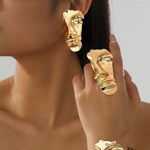 Dtja Vintage Human Half Face Statement Ring for Women Men Gold Plated Adjustable Expandable Large Wide Open Wrap Band Rings Comfort Fit Creative Artistic Birthday Graduation BFF Gift - color: Gold-Tone