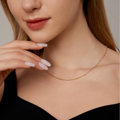 NONAMOIS Gold Chain Necklace for Women Dainty 18K Gold Plated Thin Satellite Beaded Turquoise Necklace Simple Layered Boho Jewelry Christmas Gifts - color: Satellite-Gold