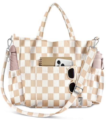 Miss Adola Crossbody Corduroy Tote Bag for Women, Large Tote Bag with Multi-Pockets and Zipper for Travel Work - color: Khaki-checkered