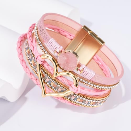 Boho Leather Wrap Bracelets Beaded Stackable Cuff Bracelet Country Concert Outfits Cowboy Cowgirl Western Jewelry Gifts for Women - color: Heart-Pink