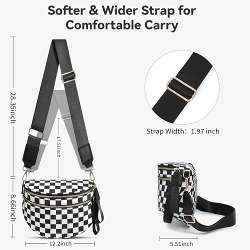Checkered Crossbody Bag for Women Bum Bag Spacious Nylon Fanny Packs Cross Body Shoulder Purses Bag Handbags - color: Black Checkered