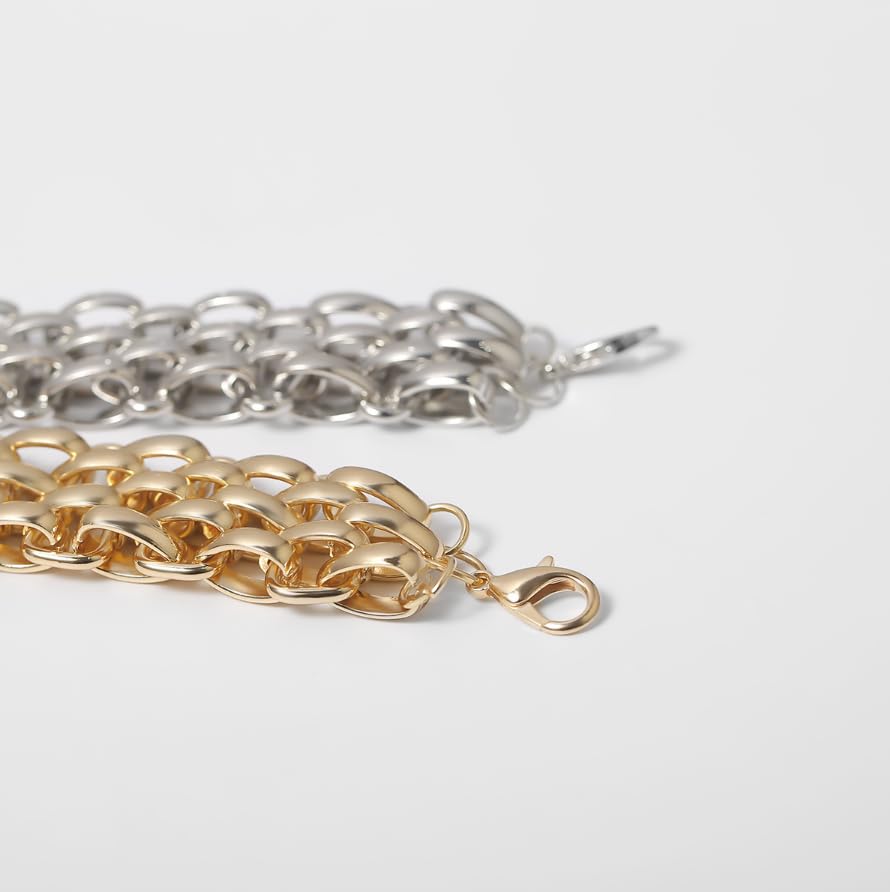 Layered Chain Necklace, Gold Tone Metal, Chunky Link Statement Choker, Punk Style Collar Necklace with Adjustable Clasp - color: silvery
