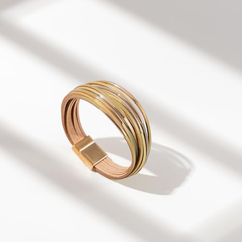 FANCY SHINY Boho Leather Bangle Bracelets Stackable Noodle Tube Bracelets Layered Wrap Cuff Bracelets with Magnetic Clasp - color: Sand