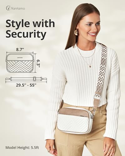 Vantamo Premium Quilted Crossbody Bags for Women with Anti-Pickpocket Clip, Vegan Leather Handbags, Travel Purses for Women - color: Shoulder Bag Snow & Stone Jacquard Strap