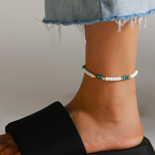 Natural Stone Beaded Anklets Bracelets for Women Handmade Beaded Anklet Bracelet Waterproof Boho Beads Ankle Bracelet Adjustable Summer Jewelry - color: white+blue
