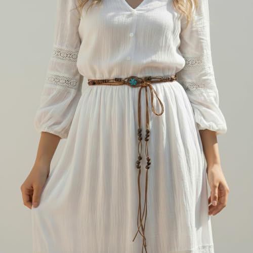 Boho Flower Wooden Bead Waist Belt, Vintage Woven Body Chain, Adjustable Cord Jewelry for Jeans Dress & Beach Wear - color: Brown