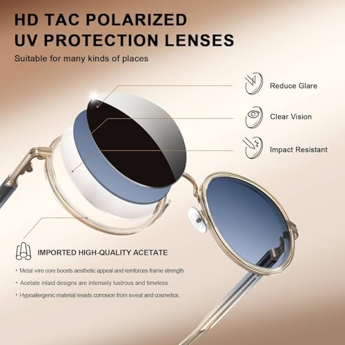 CARFIA Retro Round Sunglasses for Women Polarized UV Protection, Durable Acetate-Metal Frame Designer Eyewear CA1951 - color: 4. White Frame + Gradient Blue Lens