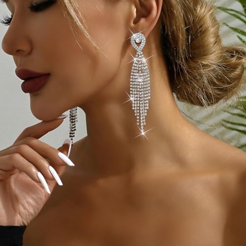 Rhinestone Tassel Earrings Sparkly Long Fringe Crystal Chandelier Dangle Drop Earrings Wedding Party Prom Earrings Premium Iridescent Earrings Wedding Party Jewelry Gifts for Women - color: Silver7