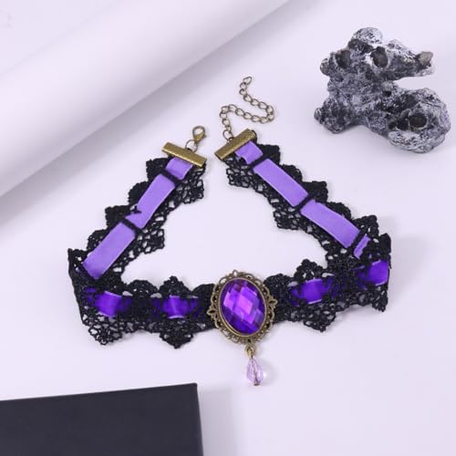 Gothic Vampire Choker Necklace for Women Adjustable Vintage Victorian Mystery Pirate Witchy Jewelry Emo Punk Black Lace Choker Costume - color: purple
