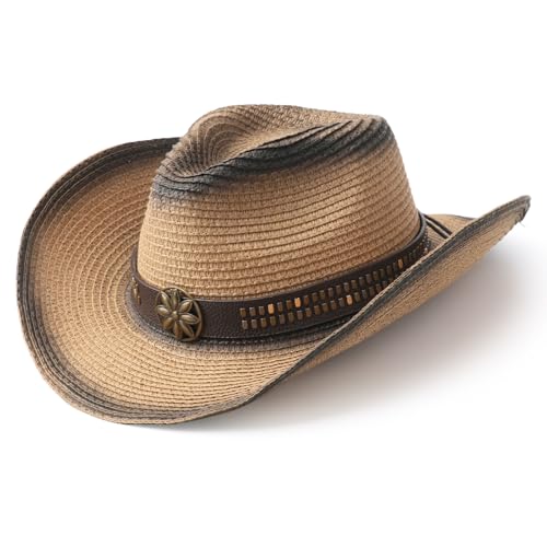 AQOKKA Straw Cowboy Hats for Women Men Western Cowgirl Hats with Shapeable Brim Woven Hollow Out Unisex Beach Roll Up Caps - color: Spray-painted Cowboy Hats : Khaki+black