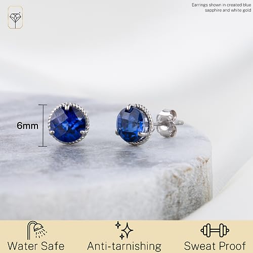 14k White or Yellow Gold Roped Halo Gemstone Round Stud Earrings for Women 6mm Birthstone with Push Backs by MAX + STONE - color: Swiss Topaz