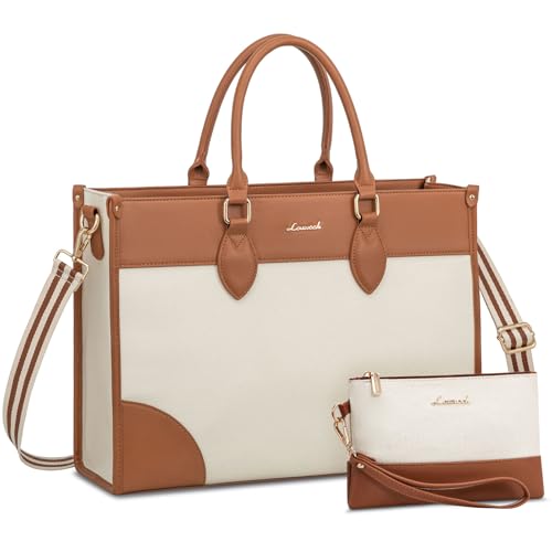 LOVEVOOK Laptop Bag for Women 15.6 lnch,Waterproof Laptops Tote Bags for Womens,Professional Work Bags for Women with Cup Holder,Large Laptop Purse Computer Briefcase Office Teacher Clutch Bag,2 PCS - color: Beige - Yellowish Brown, size: 15.6 Inch
