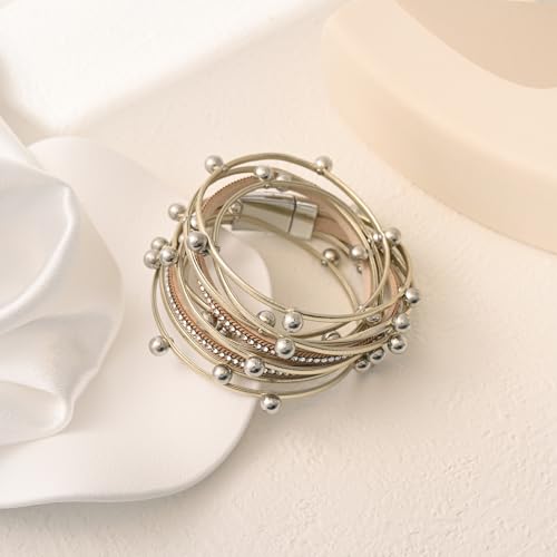 VIBILIA Boho Leather Wrap Bracelets for Women Multi-Layer Bracelets with Strong Clasp Jewelry for Women - color: 07-Beads-Khaki