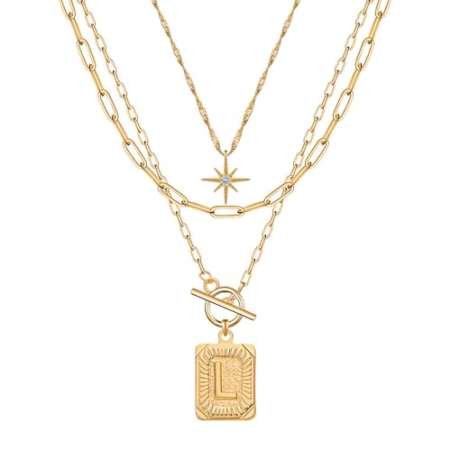 Paxuan Dainty Gold 3-Layer Personalized Initial Necklace for Women - 18K Gold Layered Letter Pendant Necklace Adjustble Paperclip Chain Choker Necklace Jewelry Gifts with Star Charm - style: Letter L