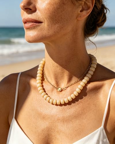 Chunky Beaded Statement Necklace for Women Trendy Colorful Boho Resin Bead Choker Necklaces Summer Handmade Jewelry Gifts Accessories - color: Beige -1