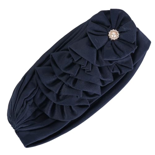 Flower Turban Hats for Women - Ruffle Bead Stretch Solid Caps Chemo Cancer Pre Tied Headscarf Headwear - color: Navy