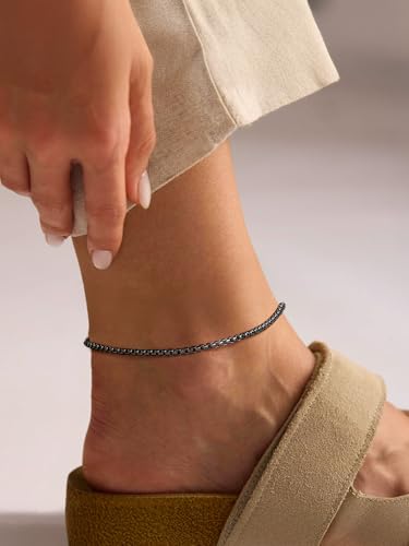 FindChic Stainless Steel Ankle Bracelets for Women, Waterproof Figaro/Cuban/Box/Beaded Chain Anklets, Summer Beach Foot Jewelry, 8.5''-10.5'' Adjustable Length, with Gift Box - style: Box Chain-Black