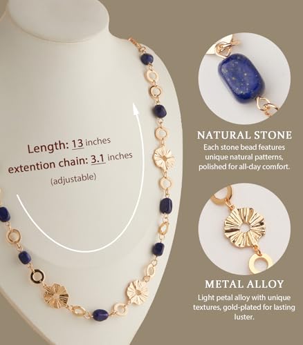Long Gold Necklaces for Women Dainty Natural Stone Beaded Gold Necklace Mothers Day Gifts Boho Gold Costume Jewelry for Women - color: Navy Blue