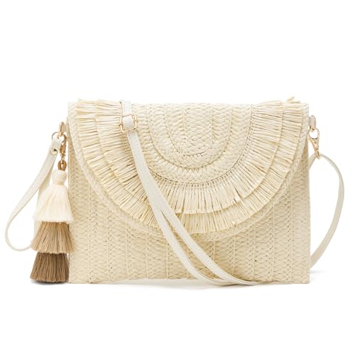 Small Straw Purse for Women Summer Clutch Purses Beach Woven Envelope Bag Raffia Shoulder,Straw Crossbody Bag boho - color: Tassels Beige