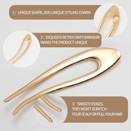 3PCS 5.1 Inch U Shaped Metal Hair Forks for Women, Vintage French Twist Hair Pins for Long Thick Hair, Elegant Hair Accessories for Bun Updo and Chignon Styles