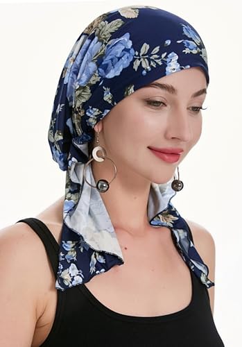 ZLYC Chemo Headwear Pre Tied Head Scarf Headwraps Lightweight Turban Beanie Cap for Women - color: Blue Rose Navy