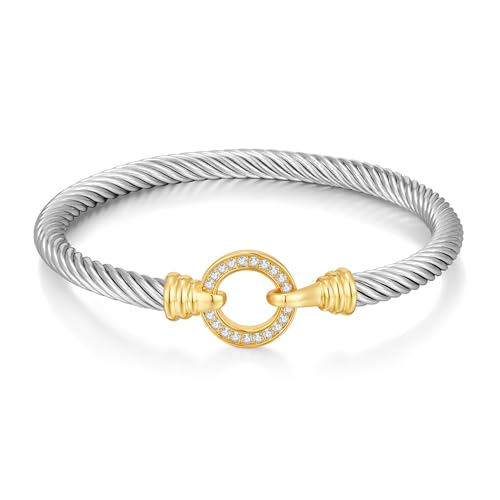 WOWORAMA Twisted Cable Wire Cuff Bracelets for Women Two Tone Gold Silver Cuff Bracelet Unisex Mixed Metal Bangle Bracelets Jewelry - color: Silver Circle