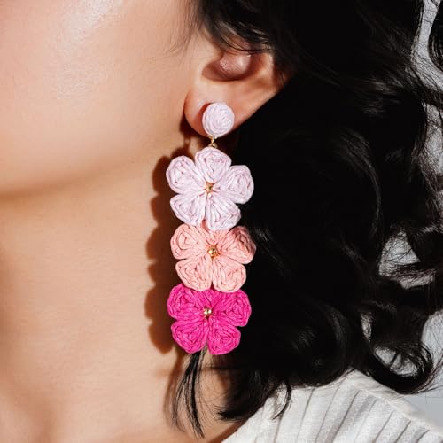 Boho Flower Earrings Statement Raffia Dangle Earrings Cute Floral Jewelry Trendy Summer Beach Vacation Outfits for Women - color: Pink