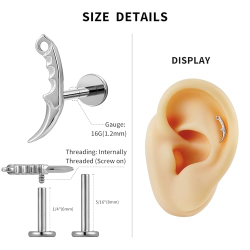 FINE4U 1PC ASTM F136 Titanium Internally Threaded Piercing Jewelry Stud 16G 6mm 8mm for Helix, Tragus, Conch, Flat - color: Dagger - Tit