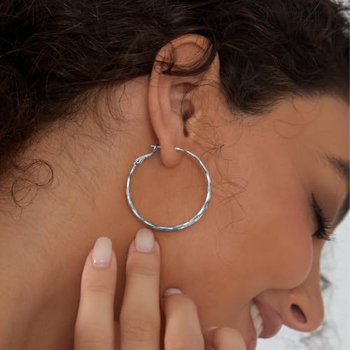 Diamond-Cut Double Hoop Earrings for Women 14k Gold Plated 925 Sterling Silver Posts Lightweight Hypoallergenic Split Hoop Earrings Trendy Jewelry Gifts for Women - color: SILVER