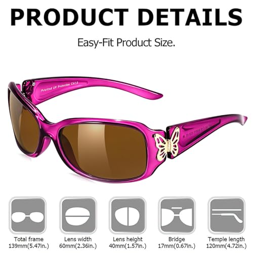 TJUTR Polarized Sunglasses for Women with Wrap Around Butterfly Design, Trendy Jackie-O Style for UV400 Protection - color: A75 Clear Purple Frame Brown Lenses