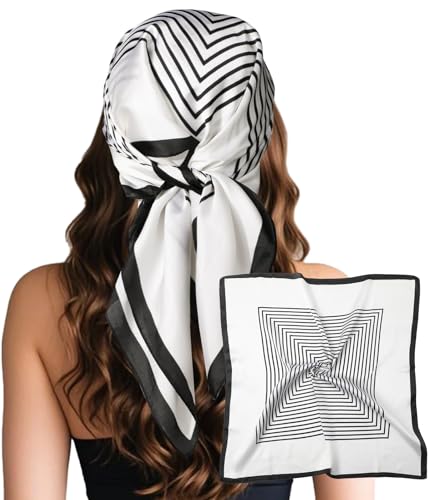 Sumolux Head Hair Scarf for Women Like Satin Silk Scarf Bandana Hair Wrapping Night Large Square Scarves 27.5" - color: White Stripes