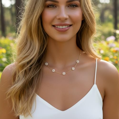 Trinckle Pearl Necklaces for Women, Gold Pearl Choker Single Pendant Necklace Layered Daisy Jewelry for Prom Birthday Gifts, Prom Wedding Strands for Bride Bridesmaids as Beach Summer Accessories - style: Daisy necklace