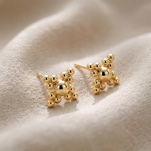 MEVECCO Tiny Beads Stud Earrings for Women 18K Gold Plated Stud Earrings Dainty Pave CZ Mini Cute Flower Simple Delicate Minimalist Stud Earrings Gift for Her