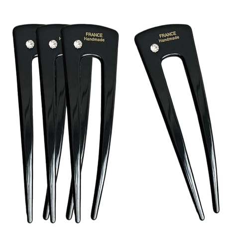 French Hair Clips 4-Pack Assorted Styles, U-Shaped Textured Hair Pins for Women with Black, Tortoiseshell, Leopard & Smoky, for Ponytail Bun Updo (Black) - color: Black