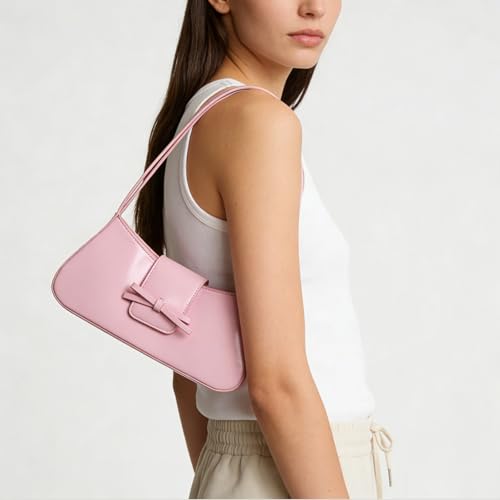 Shoulder Bags for Women Coquette Bow Purse Y2k Bag Small Cute Purses Mini Hobo Handbag Faux Leather Shoulder Purse - color: Pink
