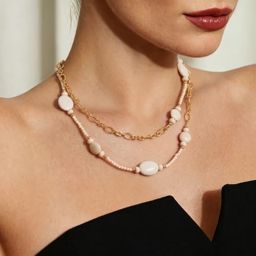 KissYan Long Necklaces for Women, 14K Gold Plated Beaded Gemstone Turquoise Boho Layered Choker, Natural Stone Handmade Sweater Fashion Jewelry Gifts - style: Flat White Stone