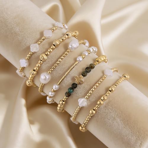 VIBILIA Gold Beaded Bracelets Set for Women 14K Gold Plated Dainty Pearl Cross Bracelet Stack Stretch Bracelet Set Fashion Accessories Gifts - color: 7P-SYC