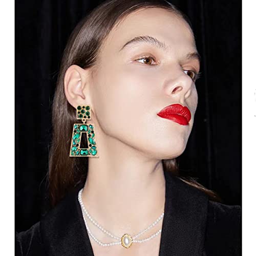 Rhinestone Rectangle Statement Earrings Colorful Crystal Geometric Drop Dangle Earrings for Women Prom Party - color: Green
